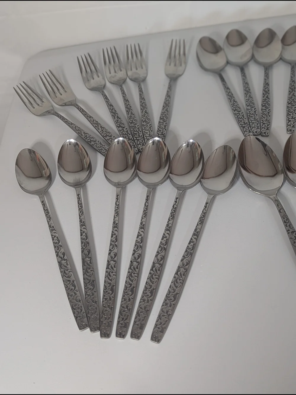 Vintage Corsican Stainless Steel Japan Flatware Set 36 Pc Floral Scroll MCM